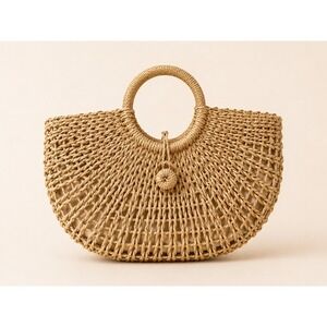 Womens Natural Straw Woven Handbag Semi Circle Tote Beach Bag Tan Open Weave